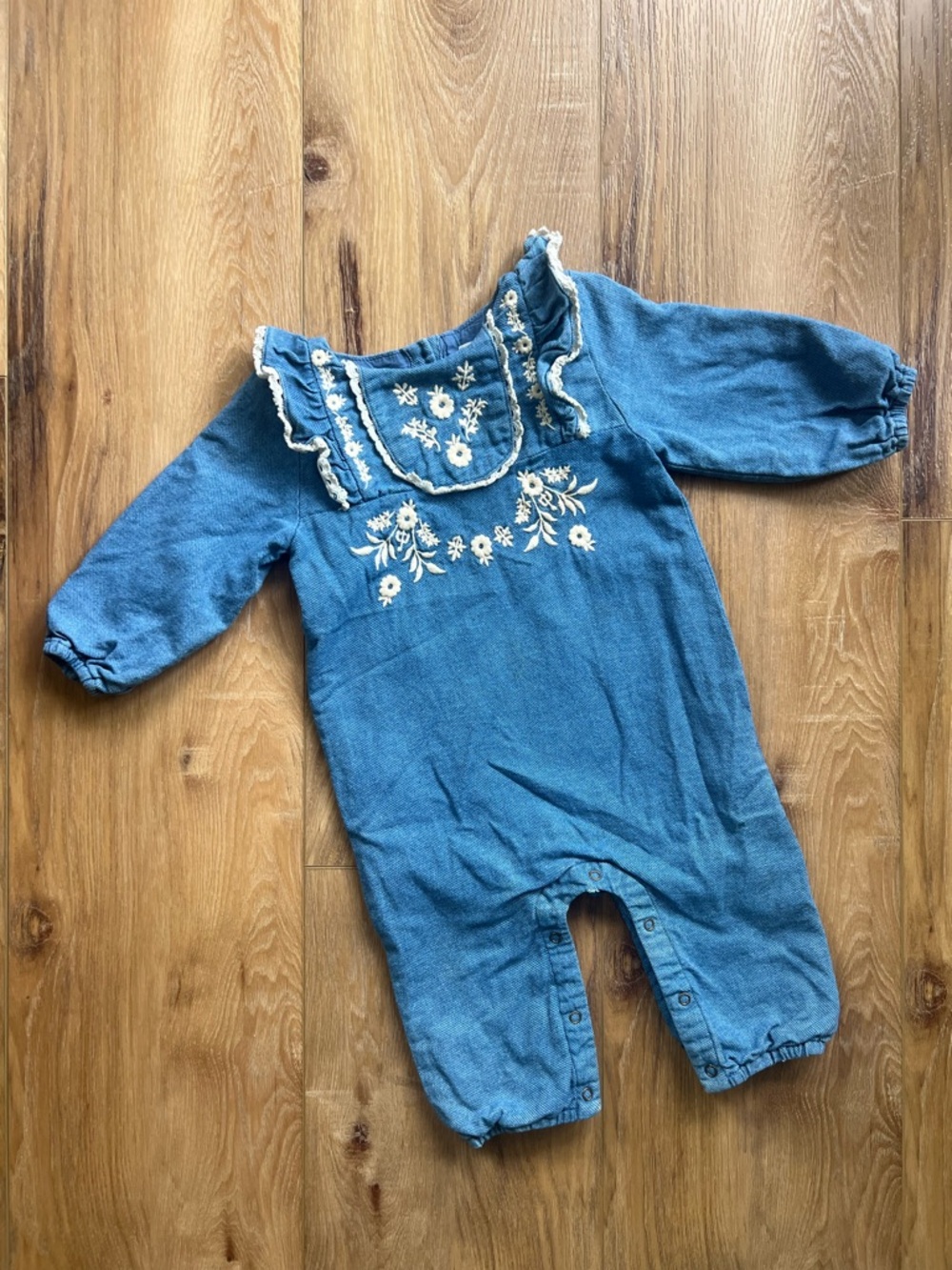 Louise Misha Paris Embroidered Denim Romper 18M French Boho Baby Jumpsuit